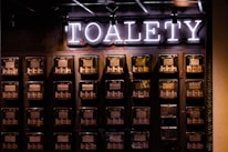 A wall with multiple electrical panels is displayed. Above the panels, a neon sign reads 'TOALETY', which suggests a public restroom indicator. The setup is industrial with a utilitarian aesthetic, featuring dark tones and exposed wiring.