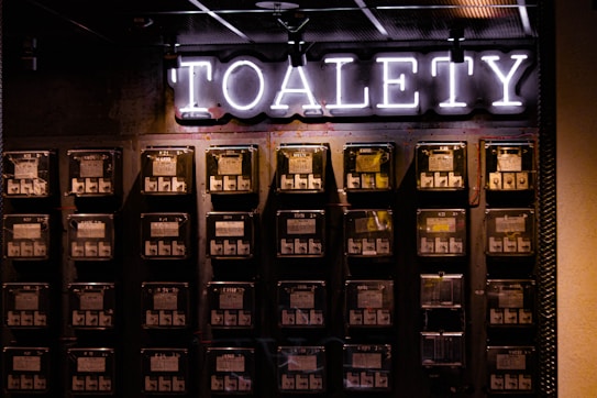 A wall with multiple electrical panels is displayed. Above the panels, a neon sign reads 'TOALETY', which suggests a public restroom indicator. The setup is industrial with a utilitarian aesthetic, featuring dark tones and exposed wiring.
