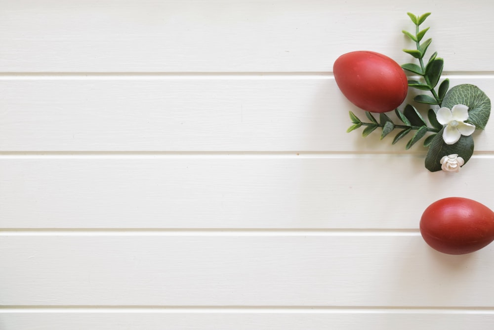 two tomatoes and a flower on a white background