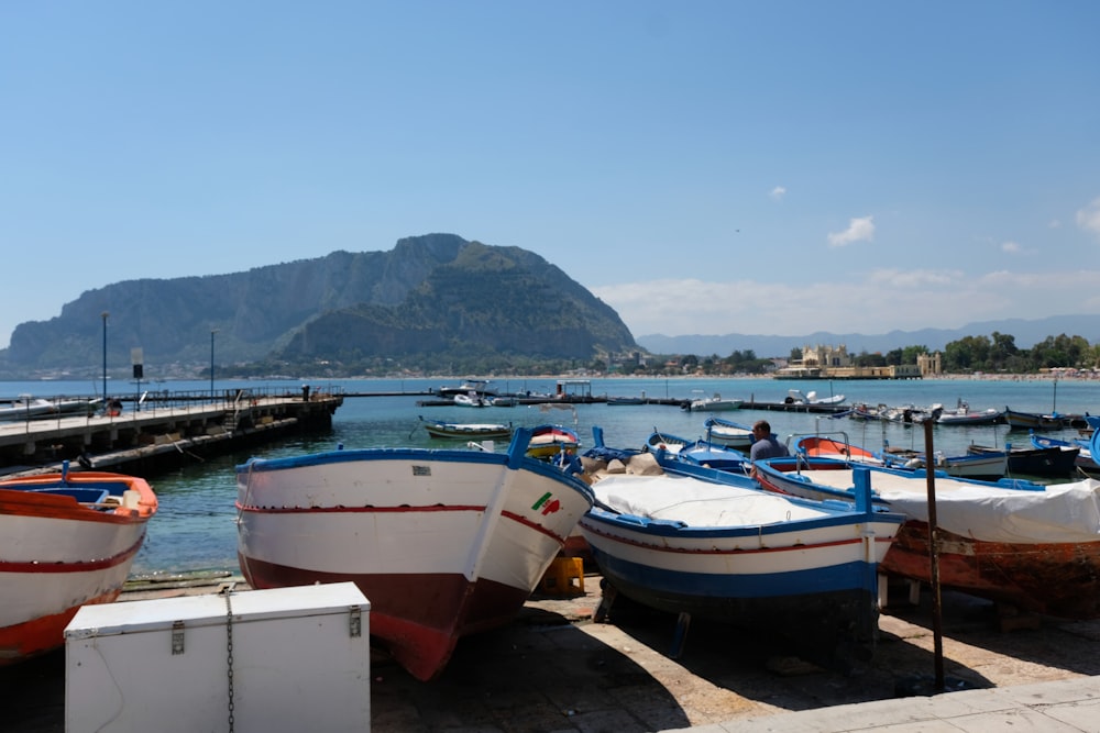 Un grupo de barcos sentados en la parte superior de un muelle