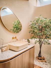 A modern bathroom with a natural aesthetic features a large oval mirror mounted on a textured wall. A rectangular vessel sink is placed on a speckled countertop, and gold-colored faucet fixtures add elegance. An indoor plant is set in a wooden planter, surrounded by small white pebbles that cover part of the floor.