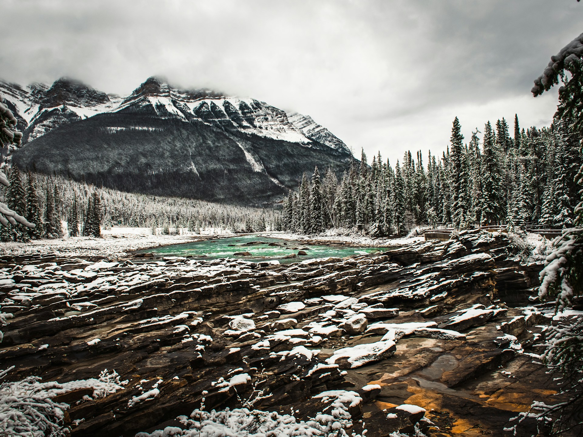 a snowy landscape with a mountain in the background
