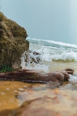 Waves crashing against a rocky shoreline with water splashing up, creating a vibrant water spray. The rocks appear rugged and partially covered in green algae, highlighting a contrast between the earthy tones and the rich blue-green hues of the water.