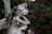 A delicate statue of a female fairy with a wreath of flowers in her hair sits gracefully among vibrant green leaves and clusters of small red berries. The statue exhibits a serene expression, with her chin resting gently on her hand. Worn, intricate wings are visible behind her.