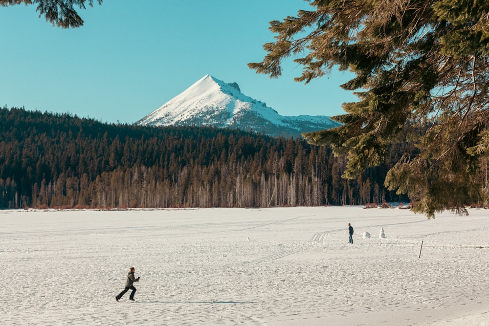 two people walking across a snow covered field