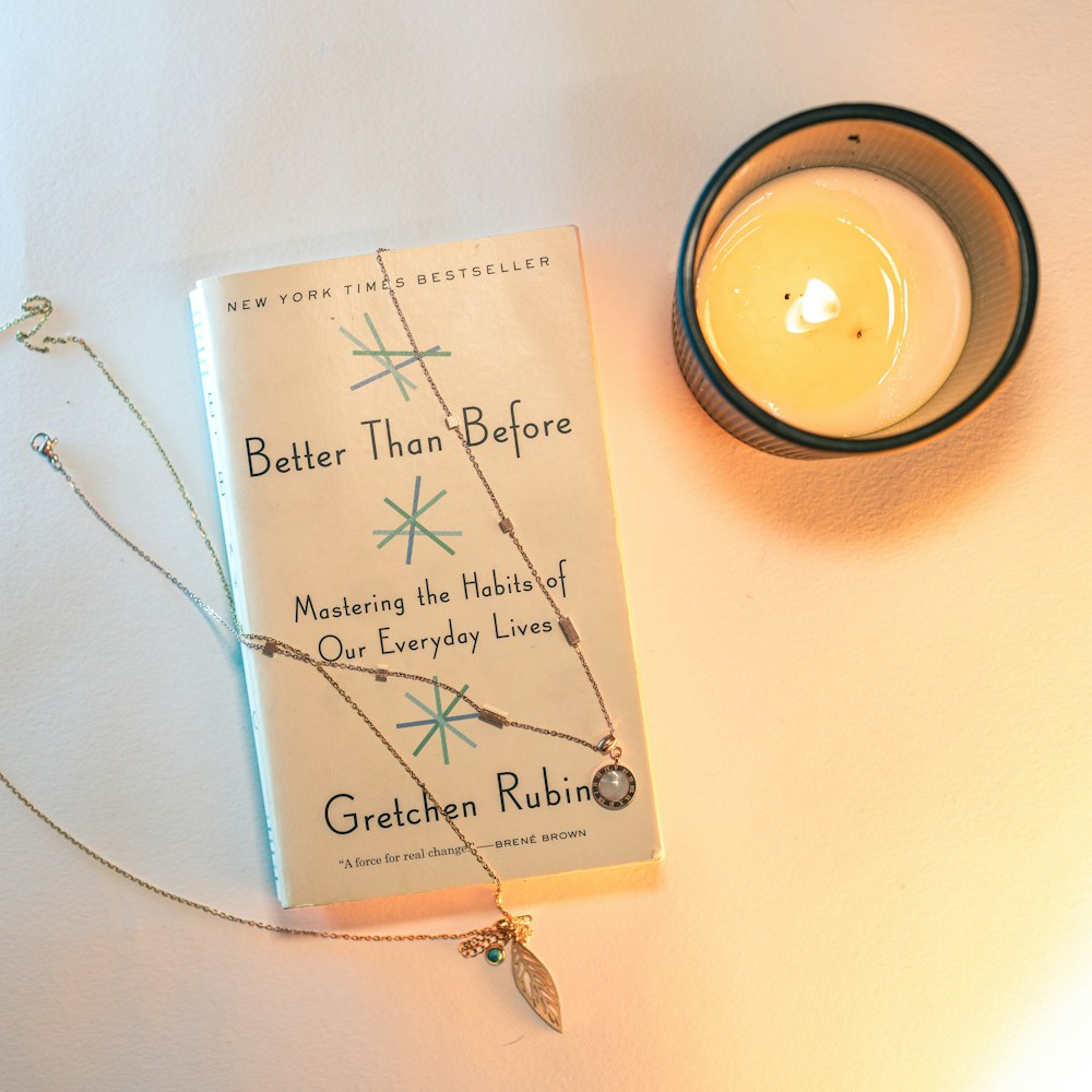 a book and a candle on a table