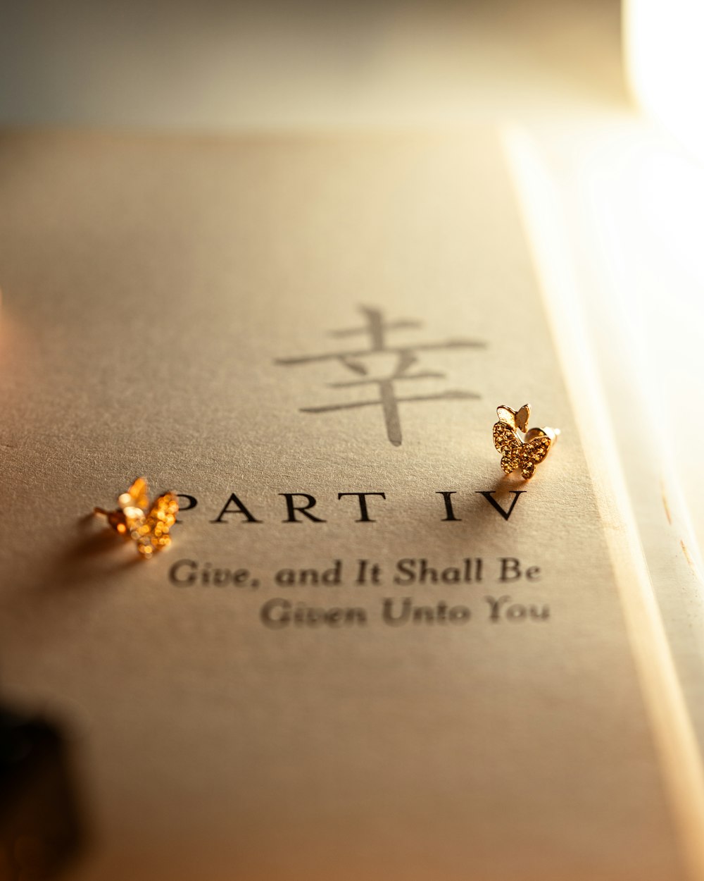 a close up of a book with a pair of earrings on it