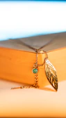 Soft-focus image of a necklace draped over a vintage book with warm tones.
