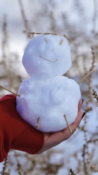 A handmade snowman figure is cradled in a person's hand, adorned with simple twig arms and facial features. The background is softly blurred with dry, brown branches. The snowman has a slightly asymmetrical shape, giving it a charmingly rustic appearance.