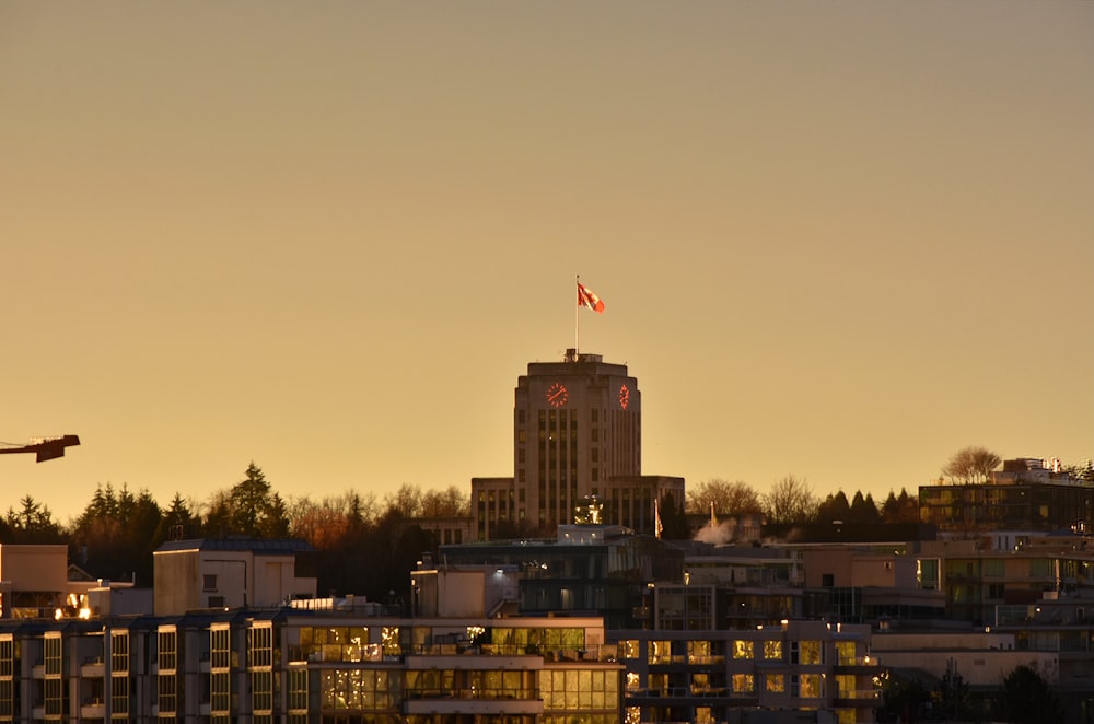 a view of a city with a flag on top of a building