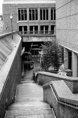 A set of concrete steps descends between brick walls, leading down to an area with trees and signage for a studio theatre. The building in the background has large windows with the word 'DANCE' displayed. Street lamps and metal railings are visible.