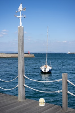 A small sailboat is moored near a wooden dock, with a clear blue sky and the ocean in the background. A weather vane is prominently displayed in the foreground, and a red and a white lighthouse can be seen in the distance.