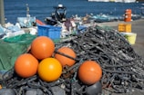 A pile of coiled ropes with orange buoys is set against a backdrop of a harbor. Various fishing equipment is scattered around, including nets, crates, and buckets. The sea is visible in the background, along with several small boats.