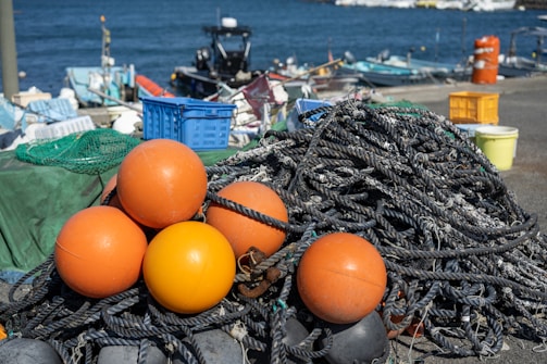 A pile of coiled ropes with orange buoys is set against a backdrop of a harbor. Various fishing equipment is scattered around, including nets, crates, and buckets. The sea is visible in the background, along with several small boats.