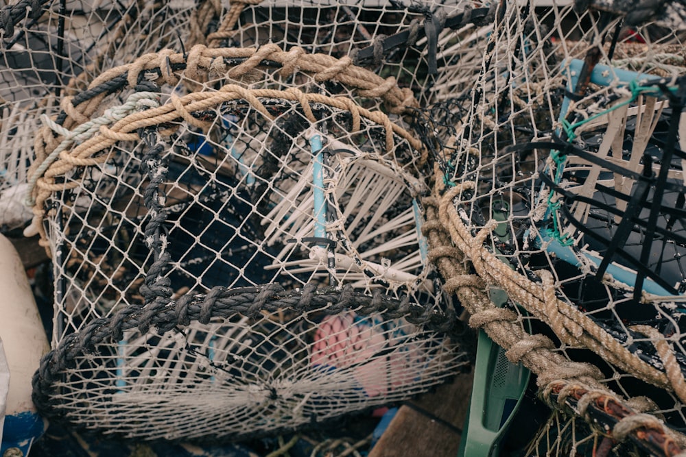 a pile of fishing nets piled on top of each other