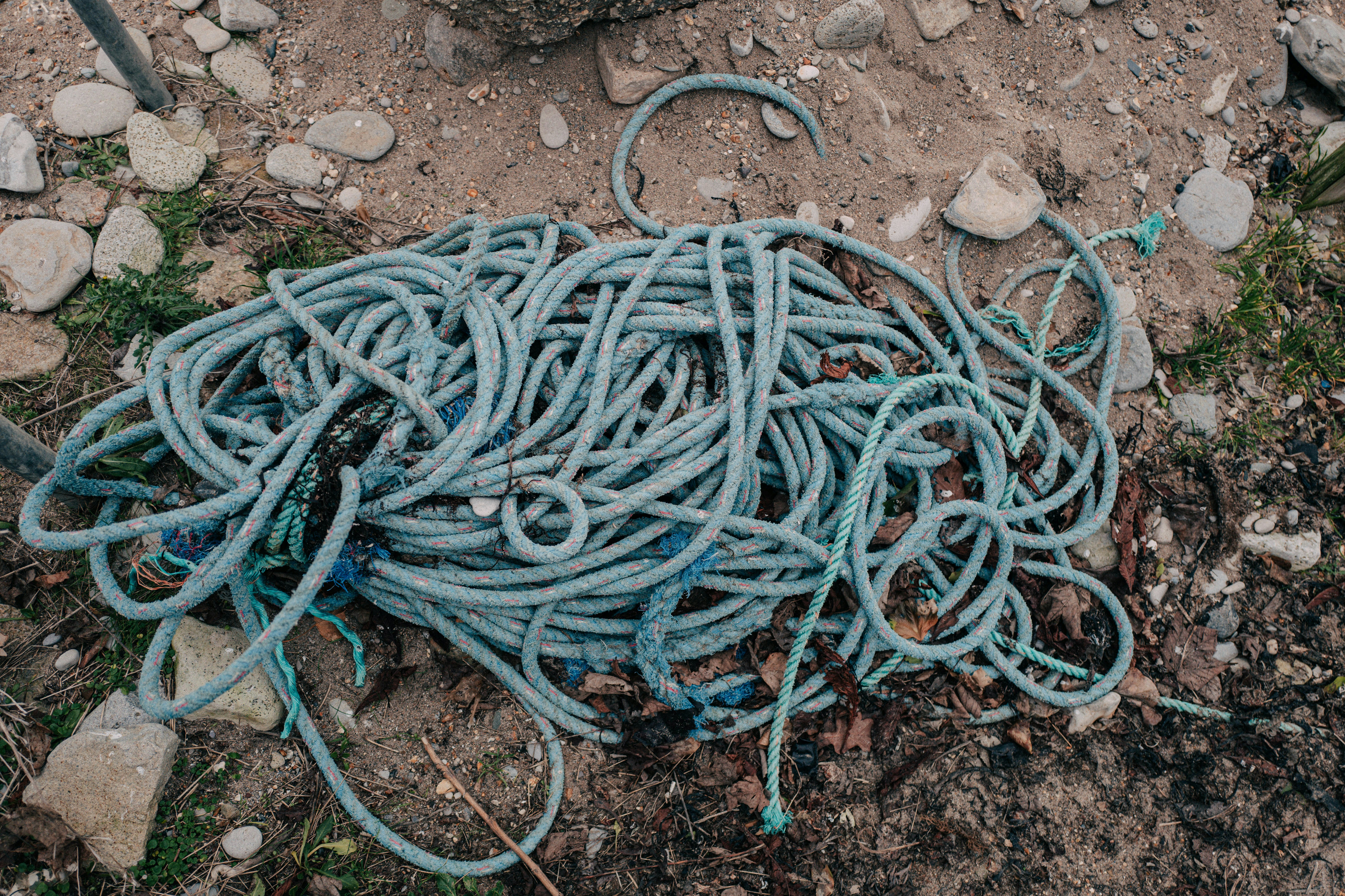 a pile of blue hoses laying on the ground