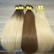 Three bundles of straight hair lay side by side on a wooden surface. Each bundle is neatly tied with yellow bands. The colors of the hair range from light blonde to brown.