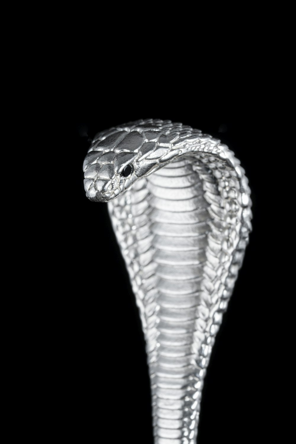 a silver snake statue on a black background