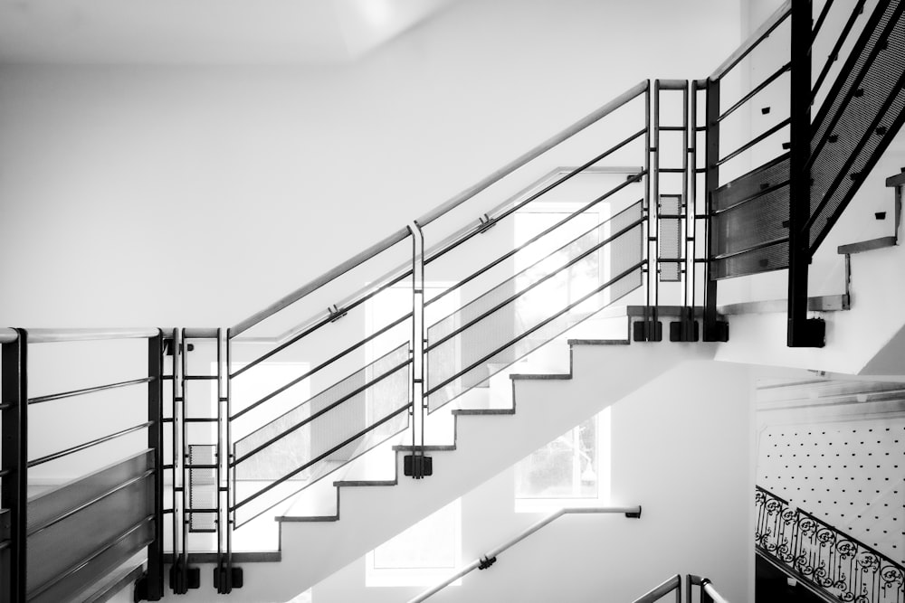 a black and white photo of a staircase