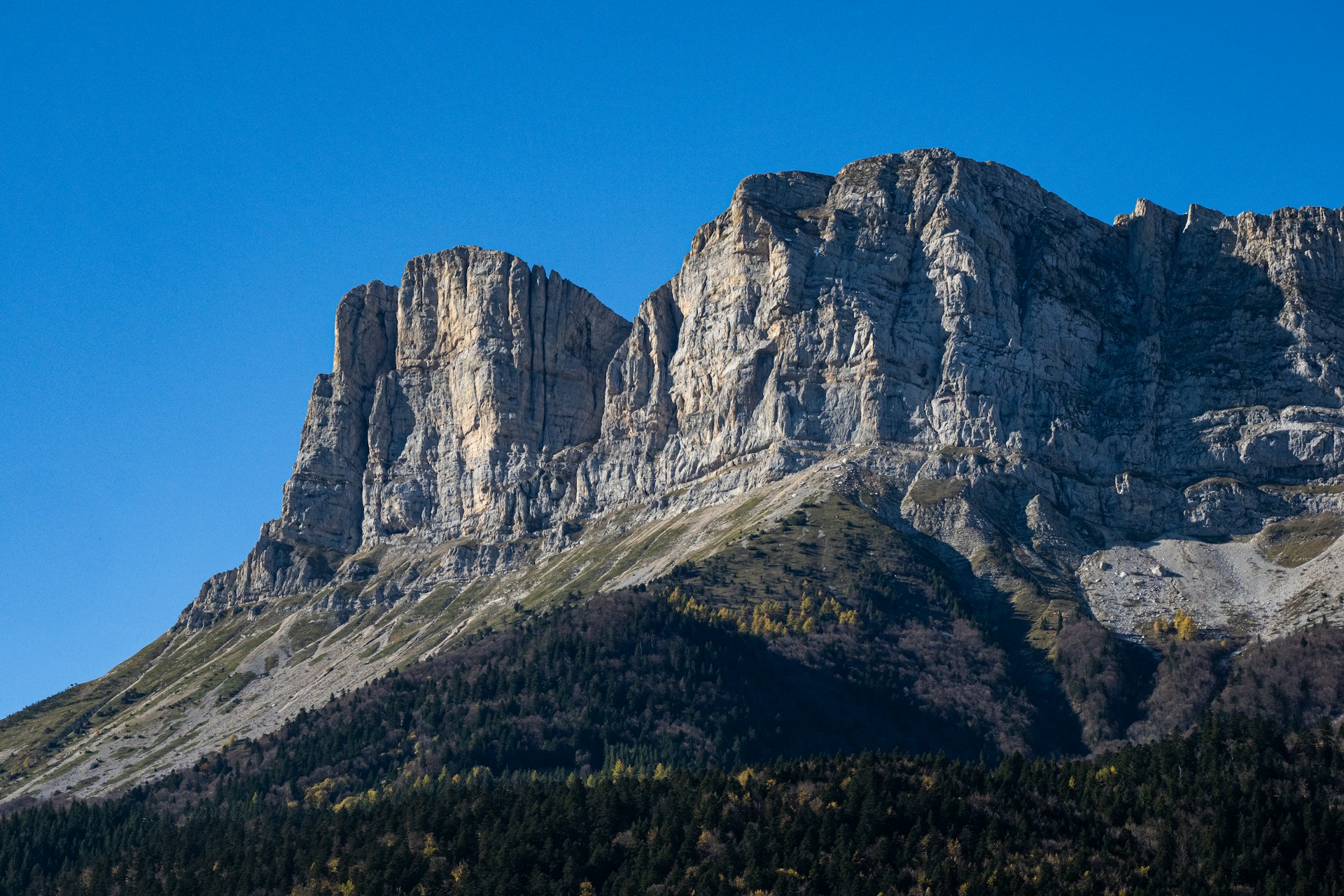 a very tall mountain with some trees on it