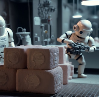 a robot holding a gun next to a pile of rolls of toilet paper