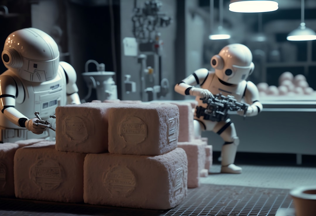 Cute tiny little robots are working in a futuristic soap factory