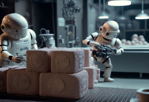 Cute tiny little robots working in a futuristic soap factory