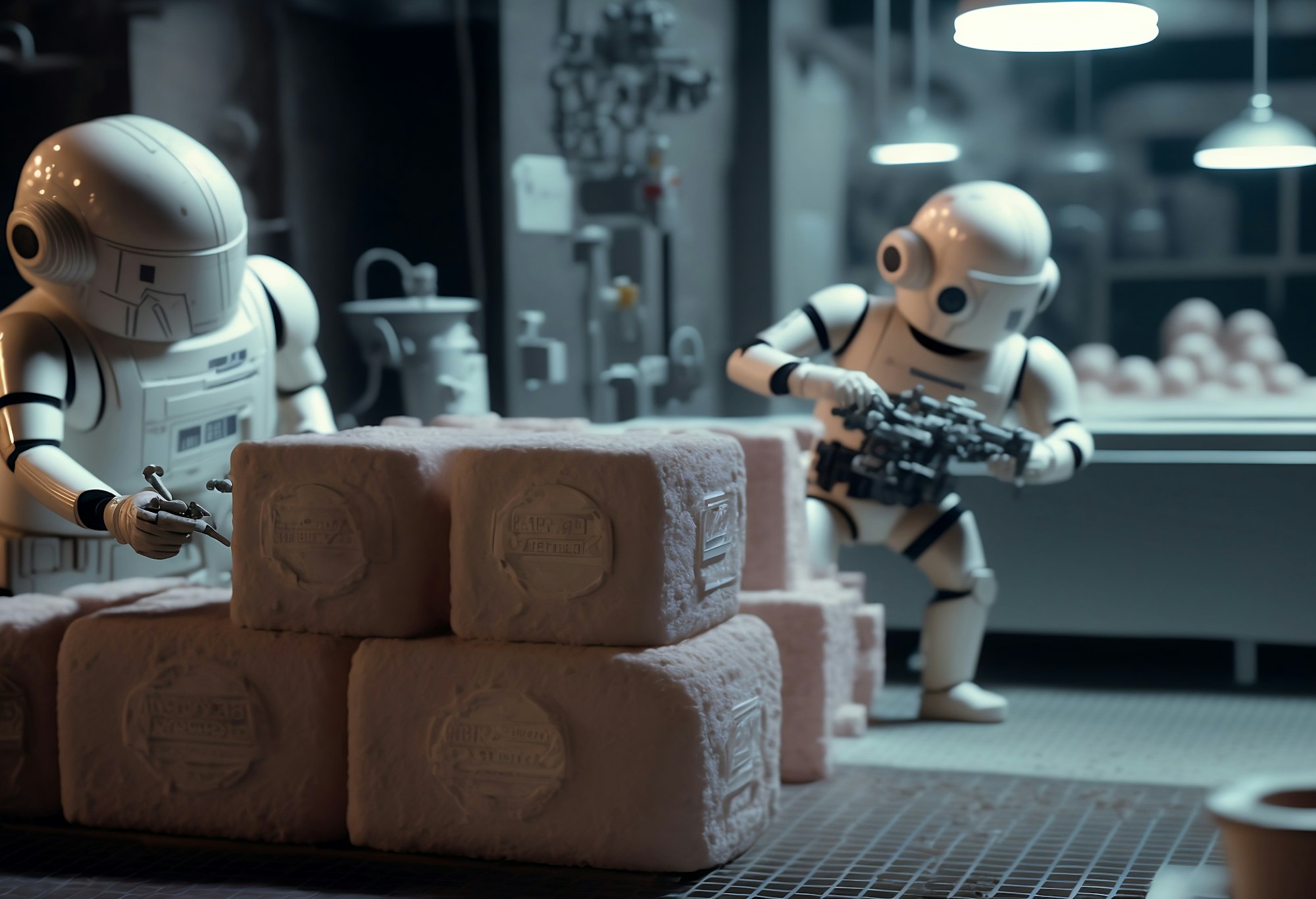 Cute tiny little robots are working in a futuristic soap factory