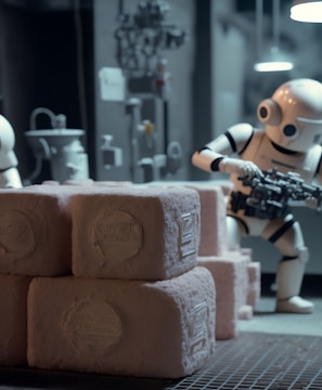 a robot holding a gun next to a pile of rolls of toilet paper