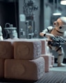a robot holding a gun next to a pile of rolls of toilet paper