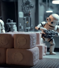 a robot holding a gun next to a pile of rolls of toilet paper