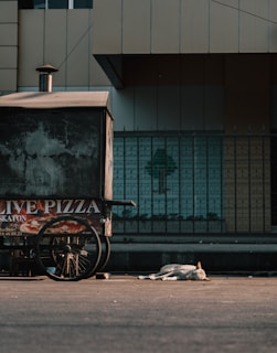 A deserted street scene features a weathered pizza cart with an old metal exterior and a visible sign advertising 'LIVE PIZZA.' The cart is stationary next to a fenced area, with a stray dog lying on the ground nearby. The surrounding area looks industrial and quiet.