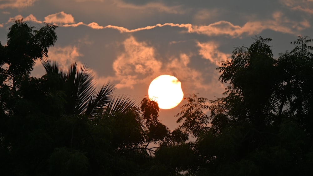 the sun is setting behind some trees