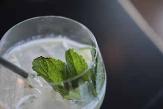 A refreshing cocktail served in a glass, garnished with fresh mint leaves. Ice cubes are visible, and a straw is inserted into the drink. The glass is placed on a dark surface, creating a contrast with the light and frosty appearance of the beverage.