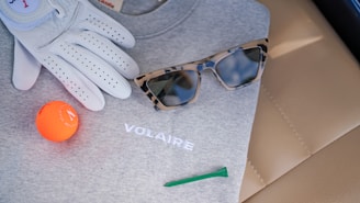 a pair of sunglasses, a golf ball, and a pair of gloves sit on