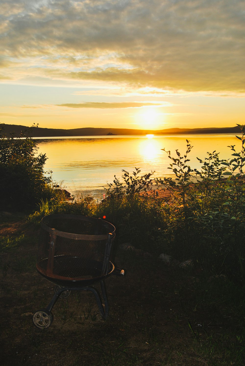 a chair sitting on top of a field next to a body of water