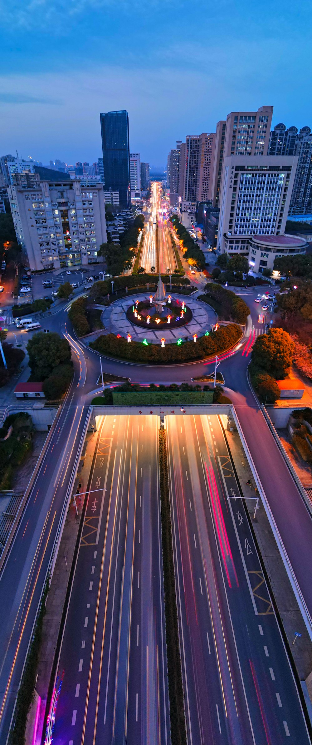 an aerial view of a city at night