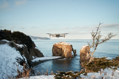 A drone hovers over a winter coastal landscape. Snow-covered cliffs and rocky formations rise from the shallow waters, with a distant view of the sea and a partly cloudy sky. Leafless branches of a tree are visible to the right.
