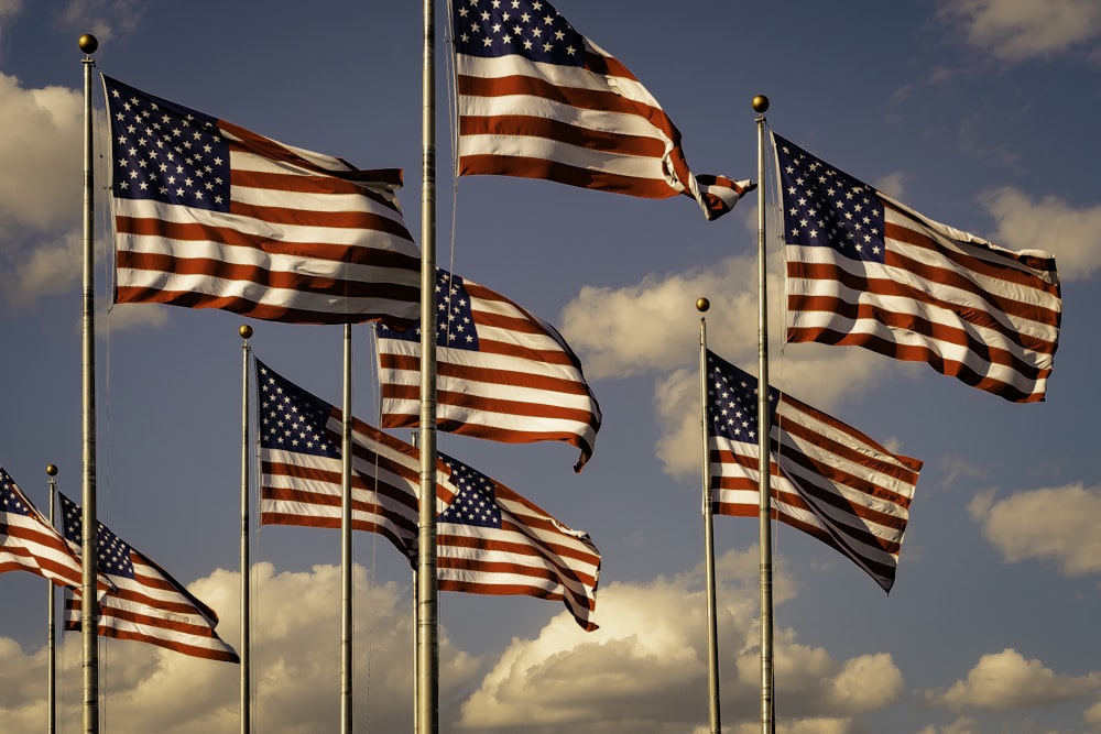 a group of american flags blowing in the wind