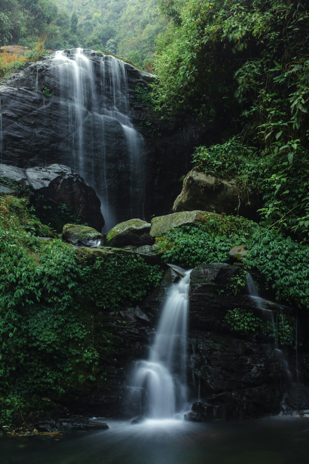 a waterfall in the middle of a lush green forest