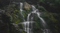 a waterfall in the middle of a forest
