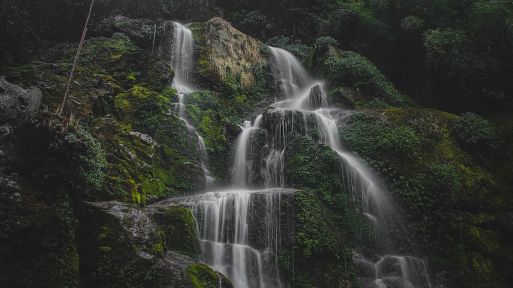 a waterfall in the middle of a forest