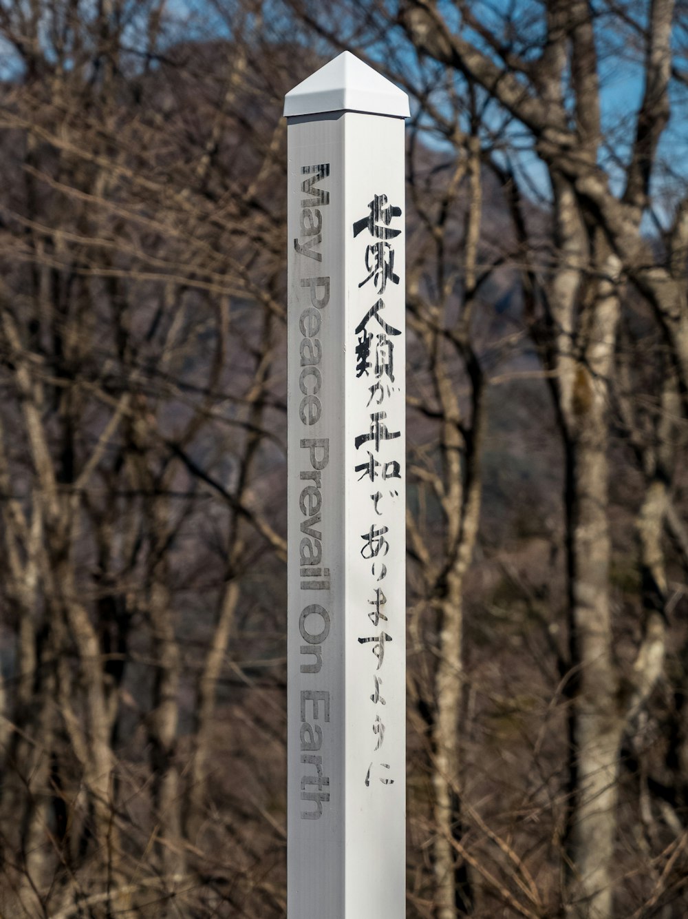 a sign in front of some trees with writing on it