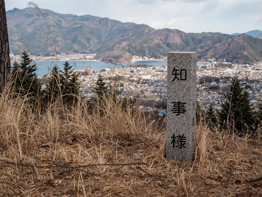 a stone marker in a field with a city in the background