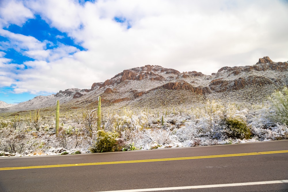 a road with a mountain in the background