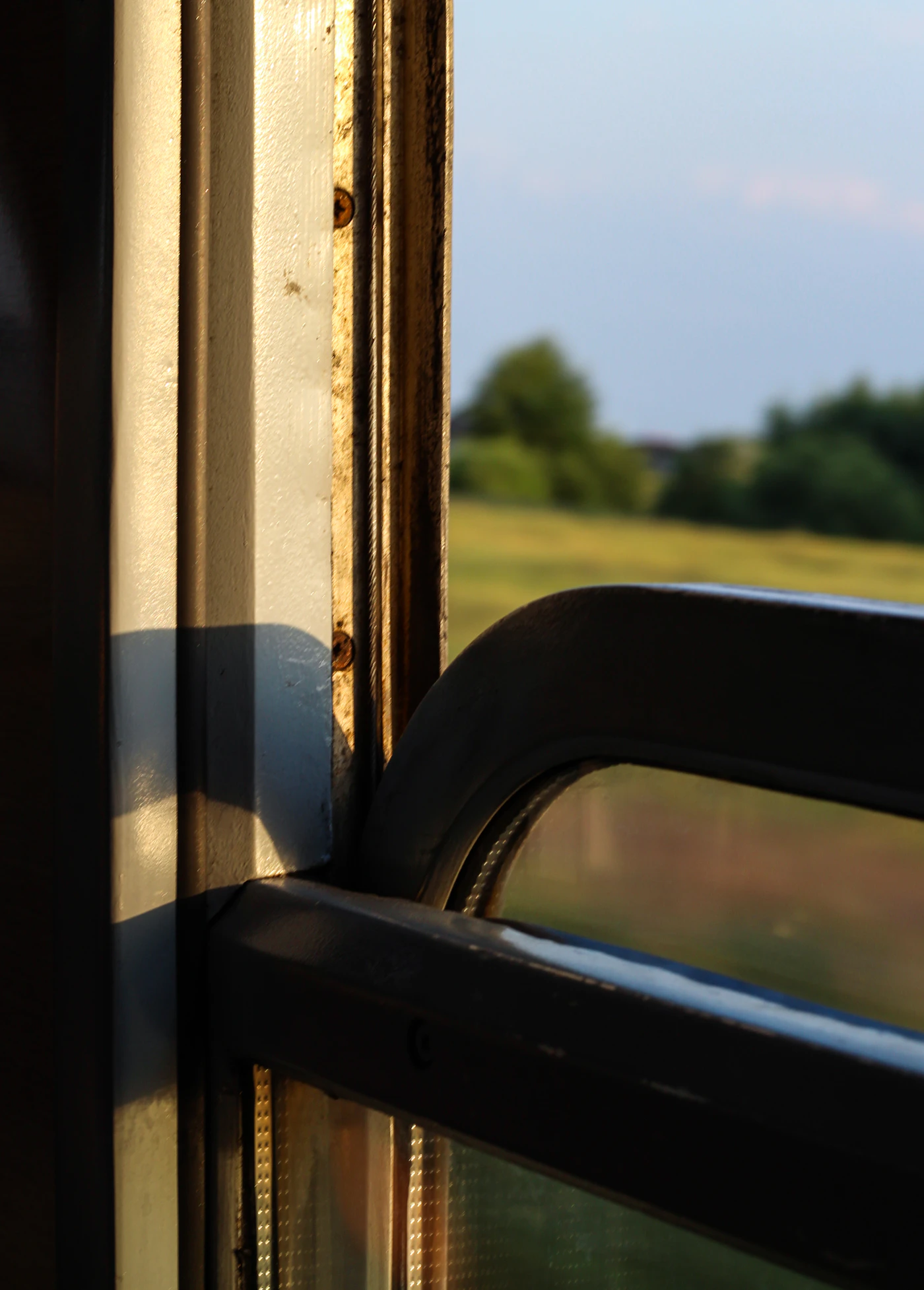 Golden evening light through a train window on the way somewhere