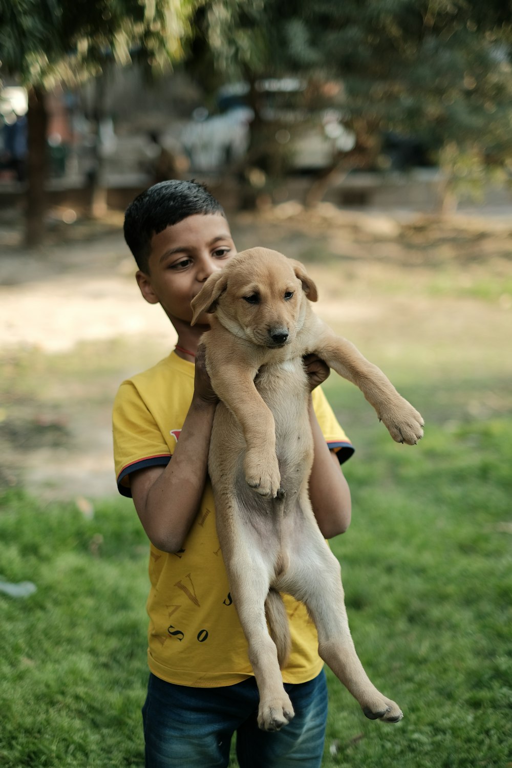 a young boy holding a puppy in his arms