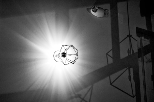 Close-up of a sculptural light fixture casting intricate shadows on a matte black ceiling.
