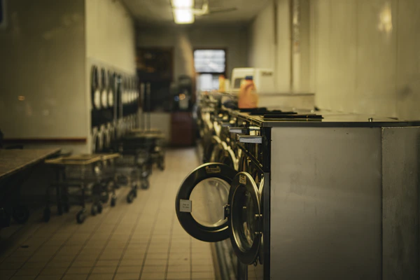 A tidy laundry area featuring bottles of detergent and fabric softeners with fresh linen in the background.