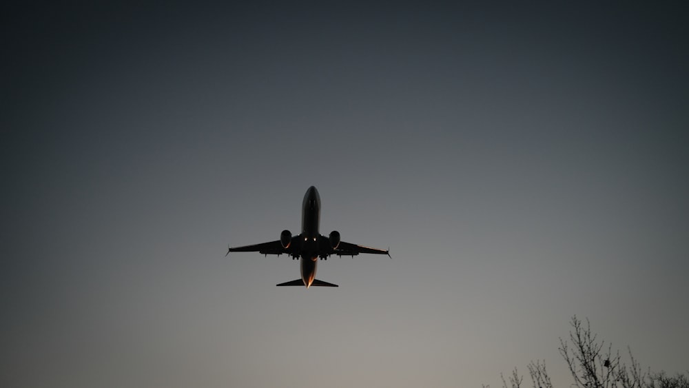 a large jetliner flying through a gray sky